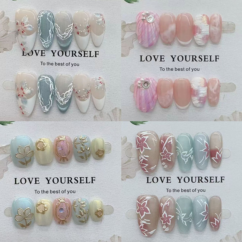 Nail Art Elegant - Nazik Zarif El Çizilmiş Çiçek Badem
